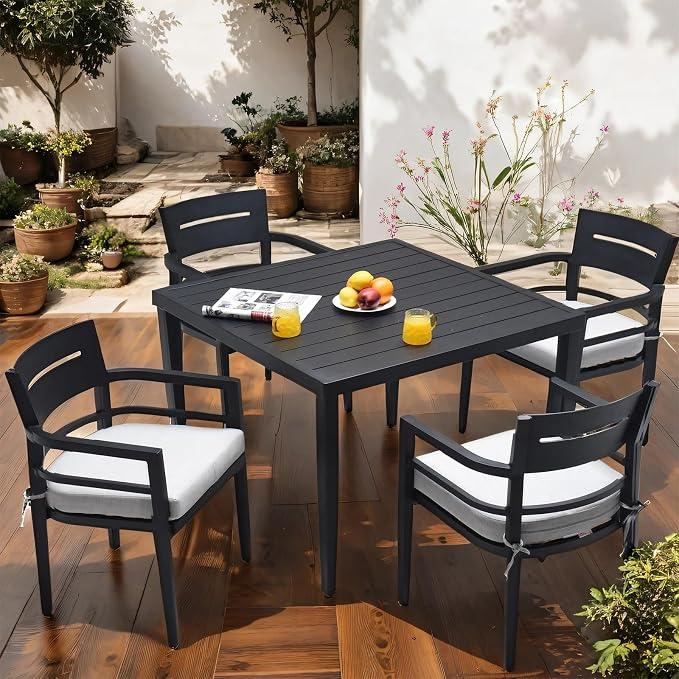 5-Piece Outdoor Patio Aluminum Furniture, Modern Dining Set, Including 4 Dining Chairs Sunbrella Fabric Cushioned and 40" Square Dining Table with Umbrella Hole, Ember Black