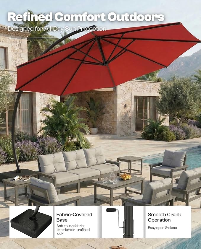 12 FT Cantilever Umbrella with Base Included, Large Round 360° Rotation Offset Umbrella Outdoor Patio, Heavy Duty Aluminum Frame, Sand-Weighted Stand, for Deck, Backyard, Pool, Garden (Red)