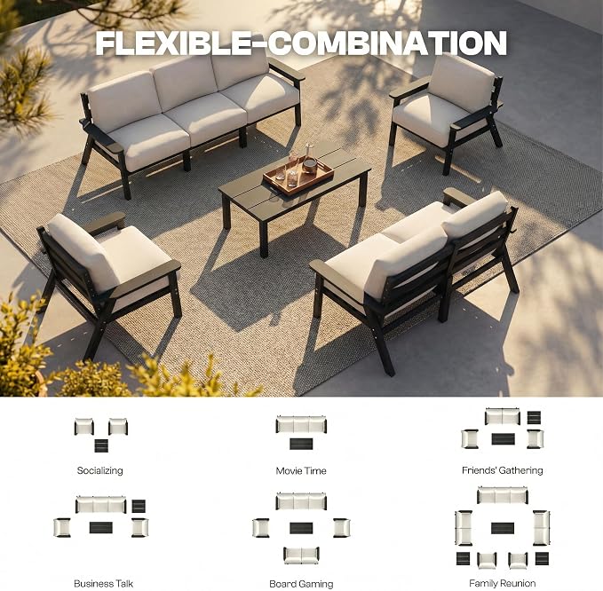 8 Piece Patio Furniture Set, HDPE Sectional Sofa Seating for 7, Includes 3-Seat Sofa, Loveseat, 2 Armchairs, Coffee Table, All-Weather Outdoor Conversation Set with Olefin Fabric, Black/Khaki