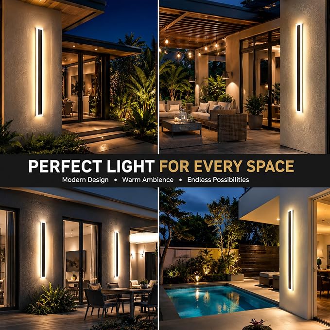 2Pack 23.6inch Long Outdoor Modern LED Wall Light,18W Waterproof IP65 Warm White 110V led Wall Mount Lighting Fixture Rectangular Black Wall Lights Elegant Frosted White Acrylic Anti Rust