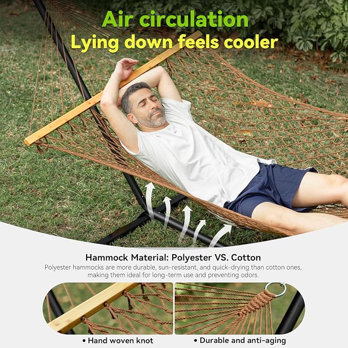 ANAGOO 2-Person Handwoven Rope Hammock with Spreader Bar, Brown