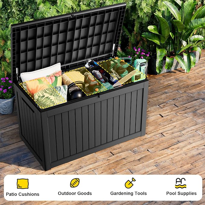 Deck Box Large Outdoor Storage for Patio Furniture,Outdoor Cushions,Garden Tools and Pool Supplies,Waterproof,Resin,Lockable (Black, 280 Gallon)