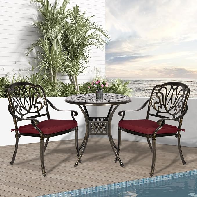 3-Piece Outdoor Patio Dining Set, All-Weather Cast Aluminum Patio Furniture Set for Backyard Garden Deck with 2 Cushioned Chairs and 31” Round Table, 2" Umbrella Hole, Chili Red