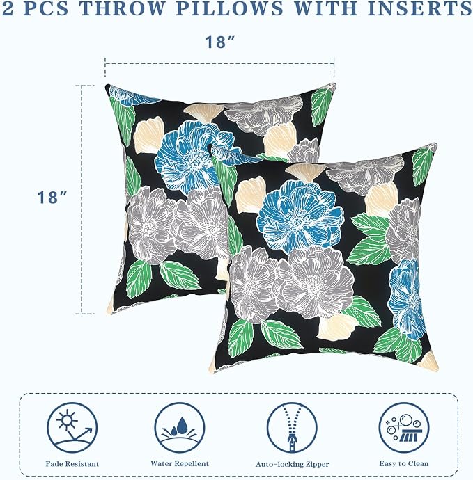 LVTXIII 2 Pack Outdoor Pillows 18x18 Inch, Square Throw Pillows with Inserts, Decorative Water-Repellent Pillow Cushions for Patio Furniture and Garden Sofa, Sketch Peony