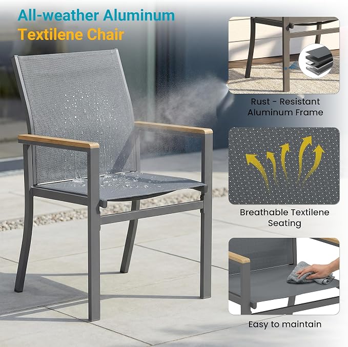 7-Pieces Aluminum Patio Table and Chairs Set, Outdoor Patio Furniture Set with Heavy Duty HDPS Rectangular Table, All-Weather Outdoor Dining Set with Quick-Drying Breathable Textilene Chairs for Porch