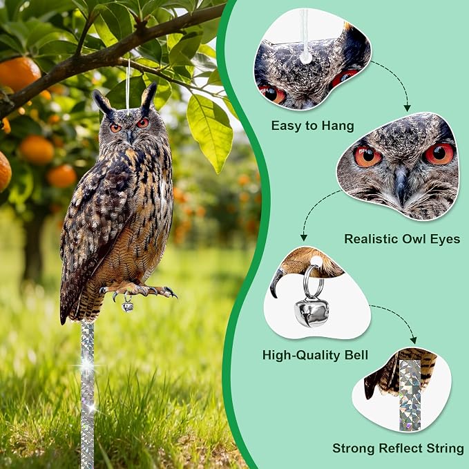 Owls to Keep Birds Away: 2Pack Fake Owl with Reflective Tape for Vineyard Garden Patio Pool, Reflective Hanging Decoration to Keep Birds Pigeon from Windows Tree Orchard