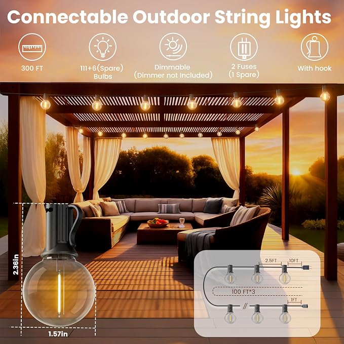 RTTY Outdoor String Lights 300 FT, LED Patio Light Outside Waterproof | Dimmable Connectable Shatterproof G40 Hanging Lighting for Backyard, Cafe, Bistro, Yard, Deck, Market, Warm White, 2700K