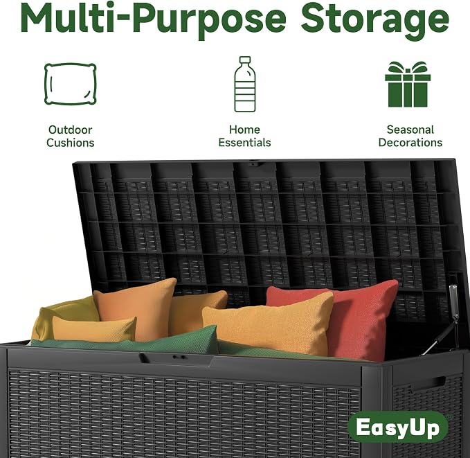EasyUp 120 Gallon Outdoor Storage Box Waterproof, UV Resistant Resin Deck Box with Hydraulic Rod, Reinforced Stability for Patio, Garden, Rattan Black