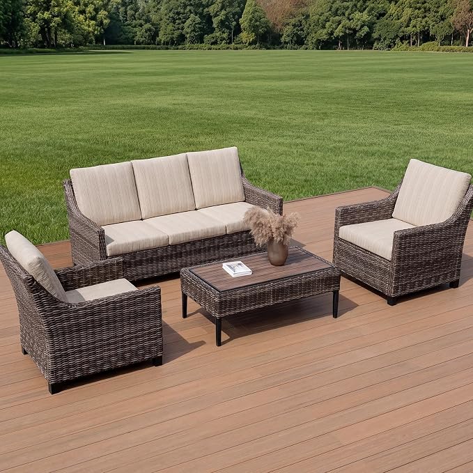 Wicker Patio Conversation Set, Outdoor Patio Chair Set with Deep Seating, Wide Armrests & Thick Cushions, All-Weather Outdoor Furniture Set for Patio, Porch, Deck & Backyard