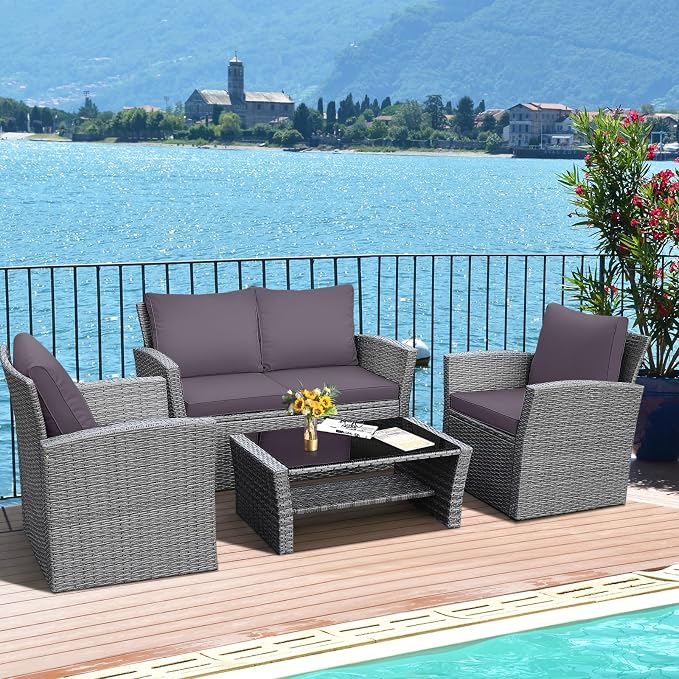 RELAX4LIFE 4-Piece Patio Conversation Seat - Wicker Sofa Set w/Seat & Back Cushions, Coffee Table w/Tempered Glass Tabletop, Outdoor Rattan Sofa Set for Backyard, Porch (Grey)