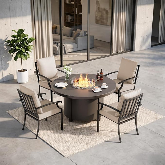 5 Pieces Outdoor Patio Furniture Set with 48" 55000 BTU Round Propane Fire Pit Table,Patio Dining Set Outdoor Conversation Sets 4 Chairs for Deck,Backyard and Garden,Brown
