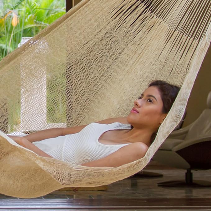 NOVICA Beige Off White Hand Woven Natural Sansevieria Fiber Mayan 2 Person XL Rope Hammock, 'Sansevieria' (Double)