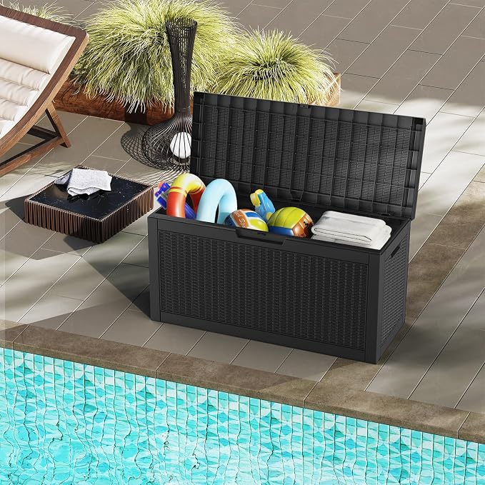 Mars Villa 60 Gallon Deck Box with Seat, Resin Outdoor Storage Box Waterproof, Lockable Lid, Weatherproof and UV Resistant, for Patio Furniture Cushions, Pool Supplies, Garden Tools, Black