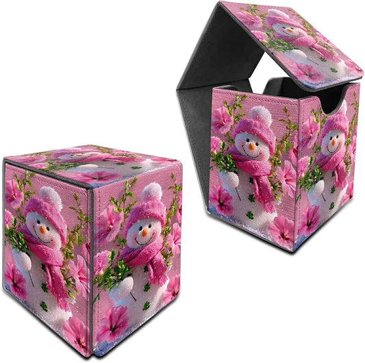 Pink Flower Snowman Card Deck Box for MTG, Personalized Card Storage Case Fits 120+ Sleeved Cards, Premium Leather TCG Box with Strong Magnetic Closure for Magic, CCG, PTCG, Baseball Cards