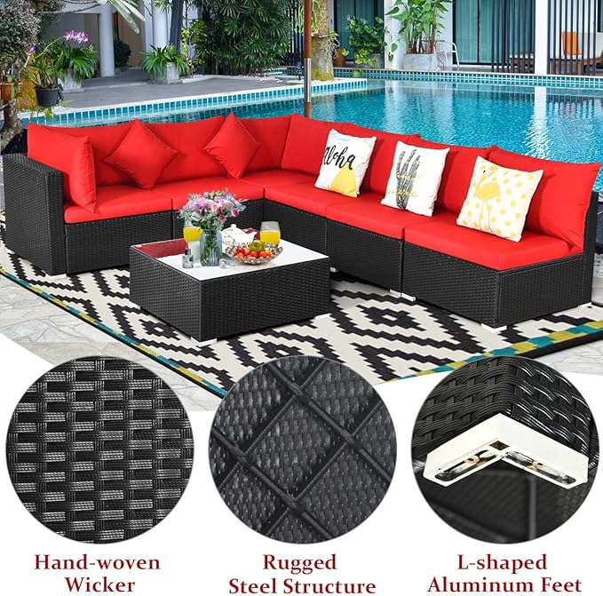 COSTWAY 7 Pieces Patio Furniture Set, Outdoor Rattan Conversation Set with 6 Seats, Coffee Tea Table, Soft Cushions, Wicker Patio Sectional Sofa for Garden Balcony Porch Poolside, Red