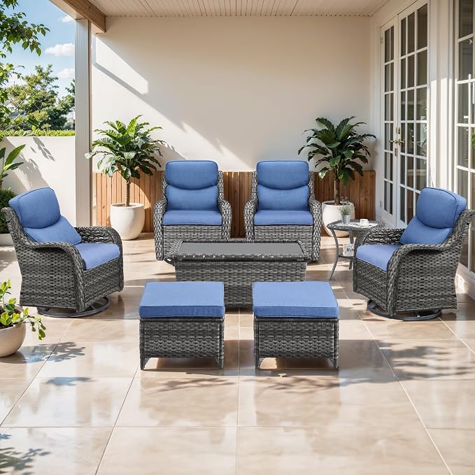 Outdoor Swivel Rocker Patio Chairs Set of 4 with Ottoman Coffee Table - 5" Thick Cushion 8 Piece Furniture Set All Weather Comfortable Wicker Conversation Set for Porch Deck - Gray/Blue