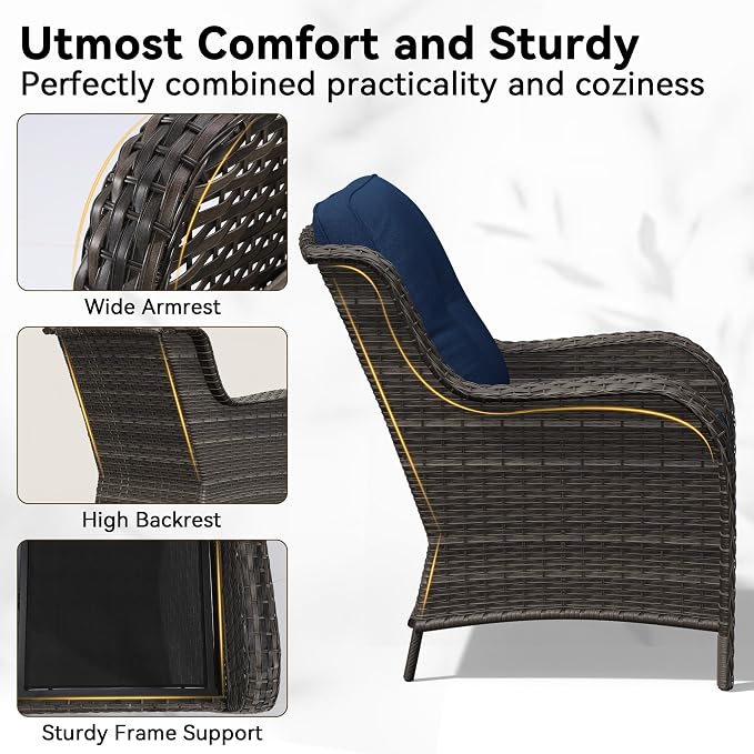 Patio Chairs Set of 2, Outdoor Wicker Patio Furniture Set with Thickened Olefin Cushions, High Back and Deep Seating, Wide Curved Armrest Hand-Woven PE Rattan for Porch, Deck, Blue