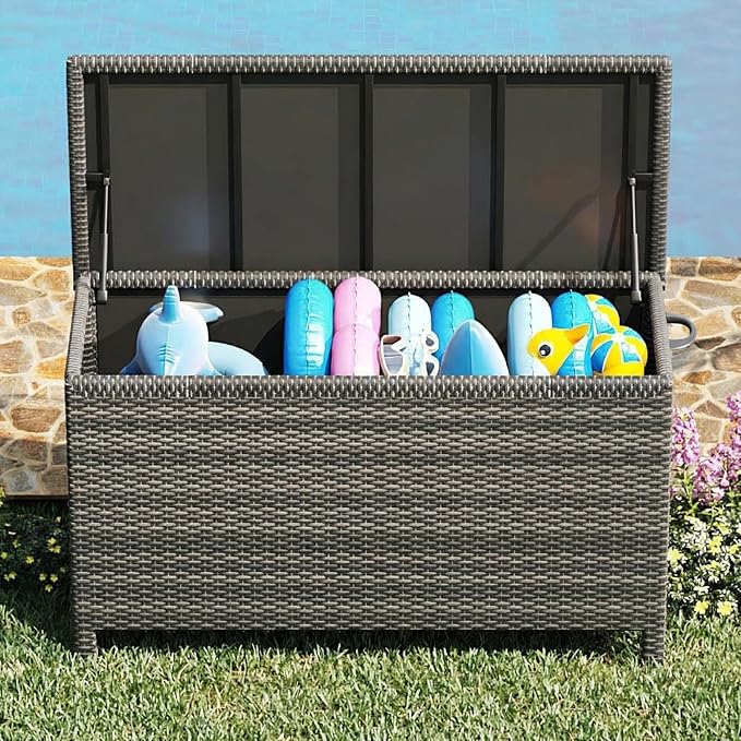GarveeLife Medium Outdoor Wicker Storage Box, PE Rattan Patio Storage Chest with Steel Frame, Compact Deck Storage Box for Cushions, Toys & Outdoor Essentials – Brown Wicker