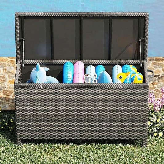120 Gallon Waterproof Outdoor Wicker Deck Box, Large PE Rattan Storage Chest with Lockable Lid & Gas Strut, All-Weather Patio Storage Bench for Cushions Garden Tools, Brown
