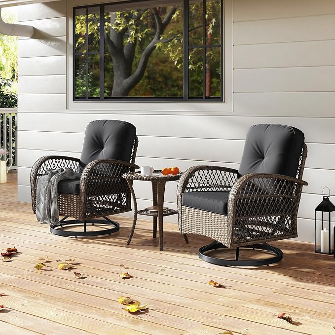HAPPYGRILL 3 Pieces Outdoor Rattan Swivel Rocker Chairs Set with Tempered Glass Side Table, Outside Sectional Patio Conversation Furniture Set with Swivel Rocking Chairs for Deck Porch Garden (Black)