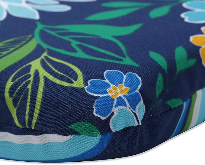 Pillow Perfect Reversible Floral Stripe Indoor/Outdoor Round Corner Chair Seat Cushion with Ties, Plush Fiber Fill, Weather, and Fade Resistant, 15.5" x 18.5", Blue/Yellow Spring Bling, 2 Count
