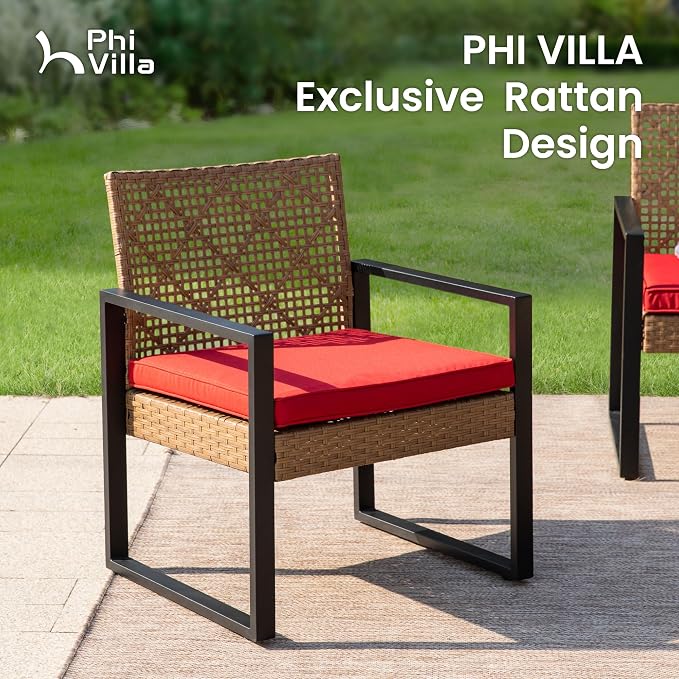 PHI VILLA Patio Wicker Furniture Set for 4, Brown Rattan Loveseat & Chairs with Red Cushions & Acacia Wood Coffee Table, Outdoor Modern Conversation Sofa Set for Deck, Yard, Porch