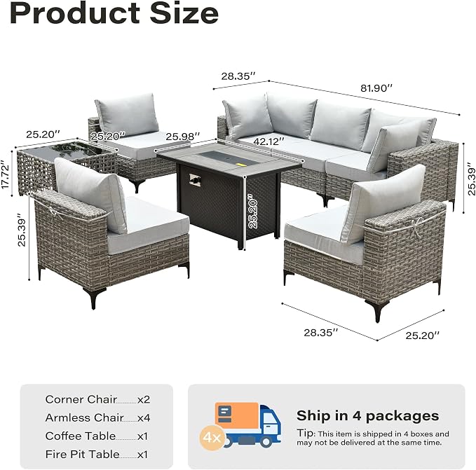 8 Pieces Patio Furniture Set with 42" Fire Pit, All-Weather Rattan Outdoor Sectional Conversation Sets L Shaped Sofas with Solar Light Coffee Table for Porch Balcony Backyard Grey