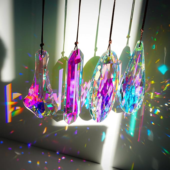 4 Pcs Crystal Prism Suncatcher Pendants Chandelier Window Garden Decor | Rainbow Chandelier Prisms Suncatcher Hanging Ornaments for Window Garden Home Office Party Decor Accent
