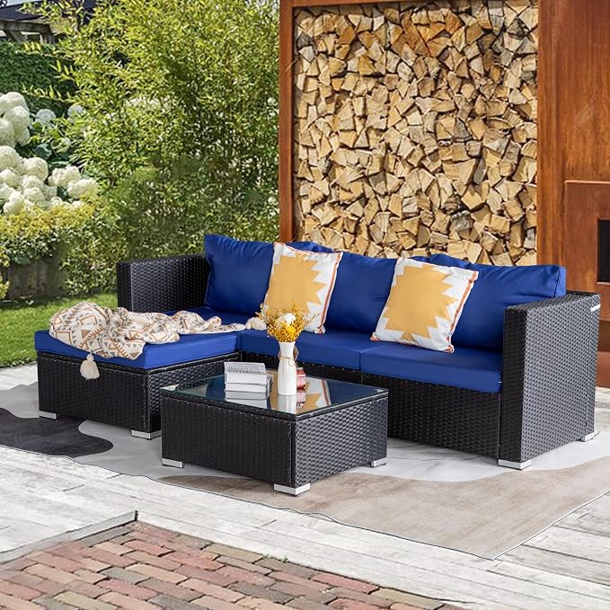 5 Piece Rattan Patio Furniture Set, Outdoor Patio Conversation Set | Soft Removable Cushion and Backrest, Tempered Coffee Table, Modern Chairs and Table Sets for Porch, Garden, Lawn, Black/Blue