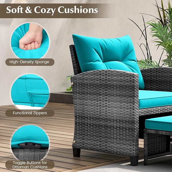 KOTEK 5 Pieces Patio Furniture Set with Ottomans, Wicker Patio Conversation Set with Coffee Table & Cushions, PE Rattan Outdoor Lounge Chairs for Backyard, Porch, Poolside (Mix Grey- Turquoise)