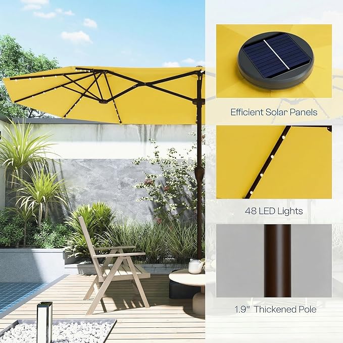 Large Patio Umbrella with Solar Lights and Base, Double-Sided Outdoor Rectangle Umbrella with 48 LED Lights, Market Table Umbrellas with UV Resistant Canopy