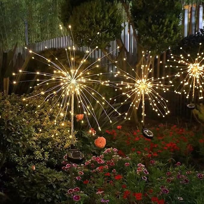 Solar Garden Firework Lights Outdoor Waterproof, 2 Pack 150 LED 8 Lighting Modes Sparklers Solar Twinkling Starburst Lights for Yard Flowerbed Pathway Fence Decorations, Warm White, Copper Wire