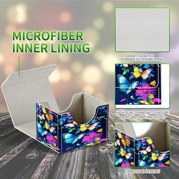 Card Deck Box for MTG, Cards Storage Box Fits 120+ Sleeved, Leather Small Size Strong Magnetic Closing Card Case for Board Games Magic TCG CCG Baseball Collection, Colorful Butterfly