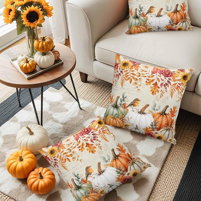 Orange White Pumpkins Fall Throw Pillow Covers 24x24 Inch Set of 2, Thanksgiving Waterproof Outdoor Pillow Covers, Sunflower Retro Decorative Cushion Pillowcases for Couch, Sofa, Bed, Garden, Patio