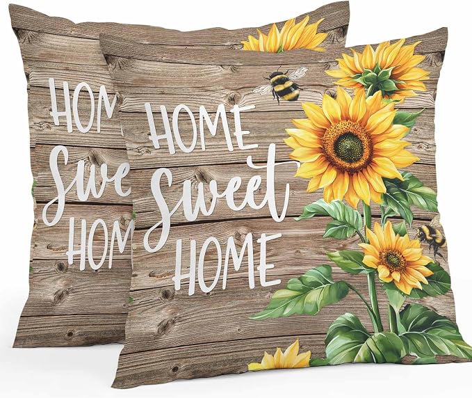 Throw Pillow Covers 20x20 Inch Set of 2, Sunflower Brown Waterproof Outdoor Pillow Covers, Farmhouse Bee Country Wooden Grain Decorative Cushion Pillowcases for Couch, Sofa, Bed, Garden, Patio
