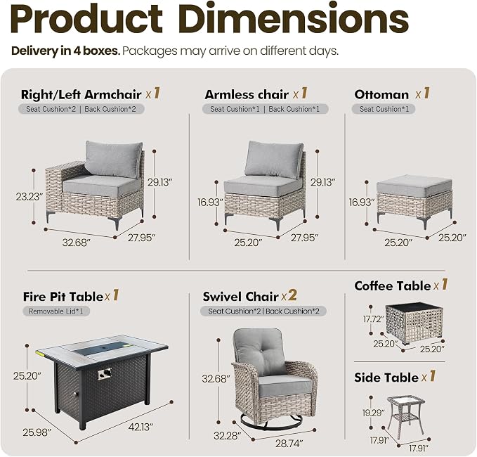9-Piece Wicker Outdoor Sectional Furniture with Fire Pit, Wide Armrest Patio Couch Set Swivel Rocking Chair Ottoman Solar Table, Modular Conversation Sets for Backyard Deck Garden, Dark Gray