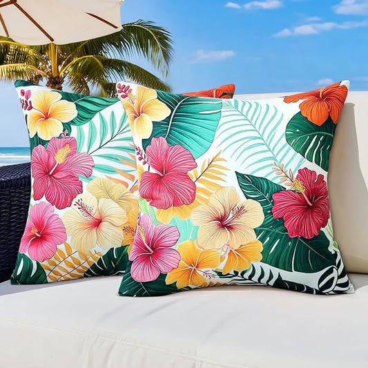 Outdoor Pillow Covers 18x18 Inch Set of 2 Tropical Floral Plants Boho Throw Pillows Cases Waterproof Square Garden Cushion Sham for Patio Funiture Balcony Bench Sofa Couch, Yellow & Red