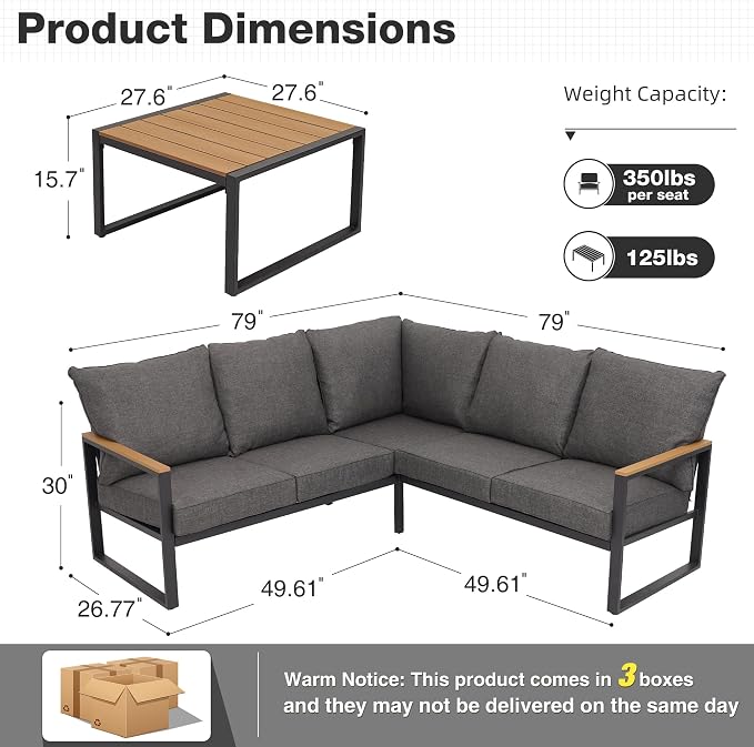 Metal Patio Furniture Set, 6 Pieces Outdoor Sectional Sofa Set with Side Table, L Shape Patio Conversation Set with Faux-Wood Tabletop, Outdoor Couch for Balcony, Porch, Backyard, Grey