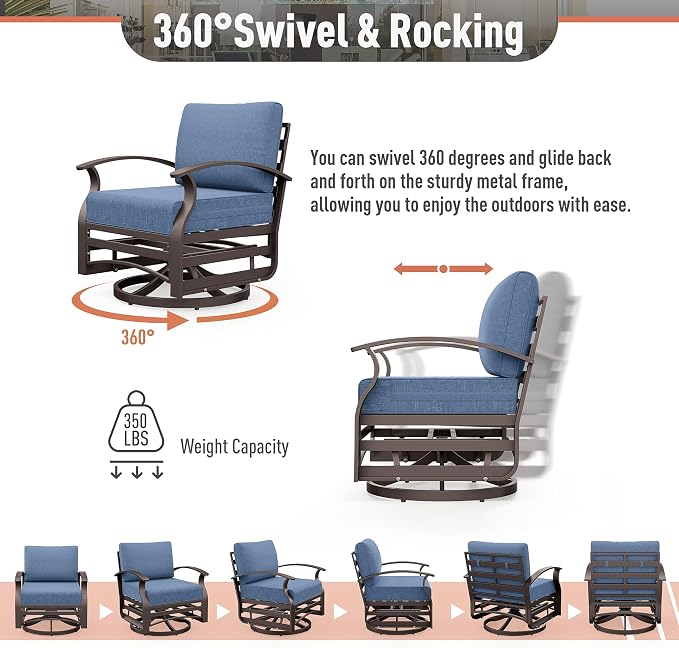 Kurapika Aluminum Patio Furniture Set 5-Seat Modern Metal Outdoor Conversation Sets w/45in Propane Fire Pit Table, Swivel Rocking Chairs Patio Sectional Sofa w/5.1in Cushion, Navy Blue