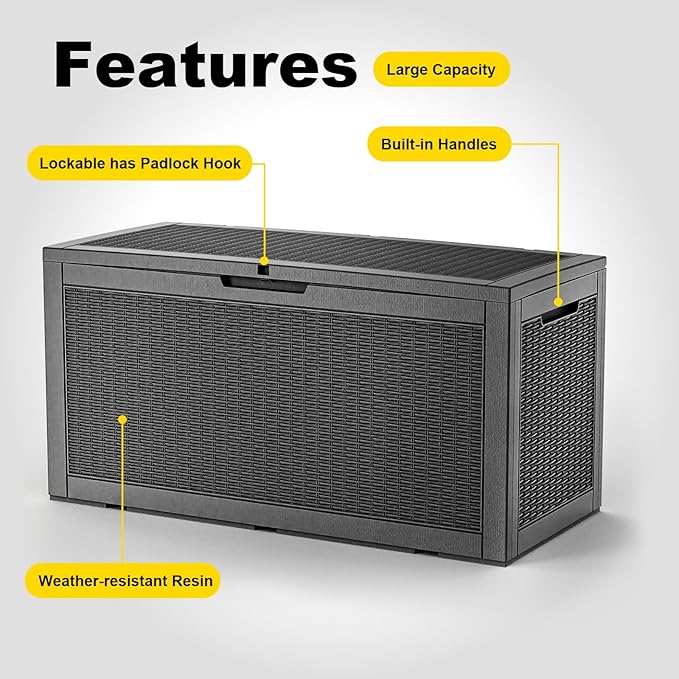 Resin Deck Box Outdoor Storage Box Waterproof for Patio Furniture,Outdoor Cushions,Garden Tools and Pool Supplies (Black, 120 Gallon)