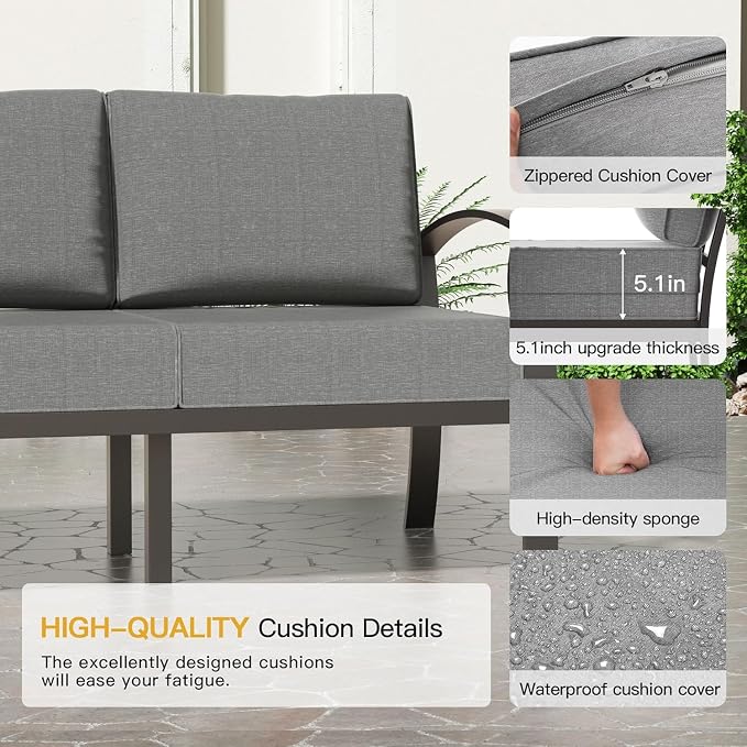 Aluminum Patio Furniture Set with 55,000 BTU Propane Fire Pit Table,5 Seats Metal Modern Outdoor Furniture w/5.1" Cushions,Patio Sectional for Backyard,Patio,Grey