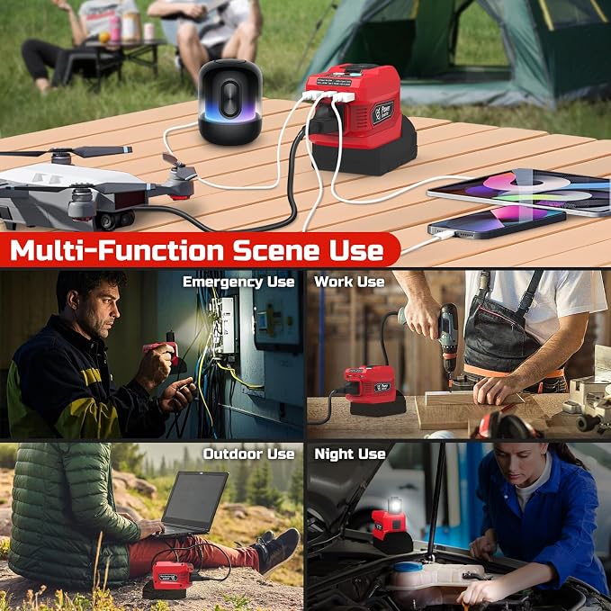 220W Power Inverter Compatible with Milwaukee 18V Battery, DC 18V to AC 110V Portable Power Station Generator with 1 AC Outlet, 2 USB Ports & 1 Type-C Fast Charging, 400LM LED Work Light (2-Pack)