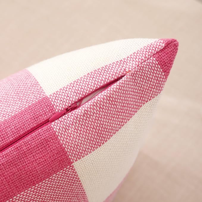 CARRIE HOME Pink and White Buffalo Check Plaid Throw Pillow Covers 16x16 Set of 2 Modern Farmhouse Decorative Accent Pillows 16 x 16 Pink Room Decorations for Bed Couch and Sofa