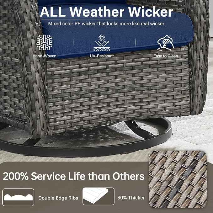 Outdoor Swivel Rocker Patio Chairs Set of 4 with Coffee Table - 5" Thick Cushion 7 Piece Furniture Set All Weather Comfortable Wicker Conversation Set for Porch Deck - Gray/Blue
