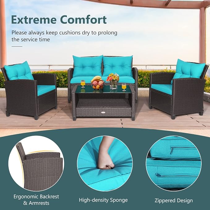 Tangkula 8-Piece Patio Furniture Set, Rattan Wicker Chair Set with 2 Loveseat, 4 Single Sofas, 2 Coffee Table with Tempered Glass Top, Outdoor Furniture Sets for Backyard, Porch, Garden and Poolside