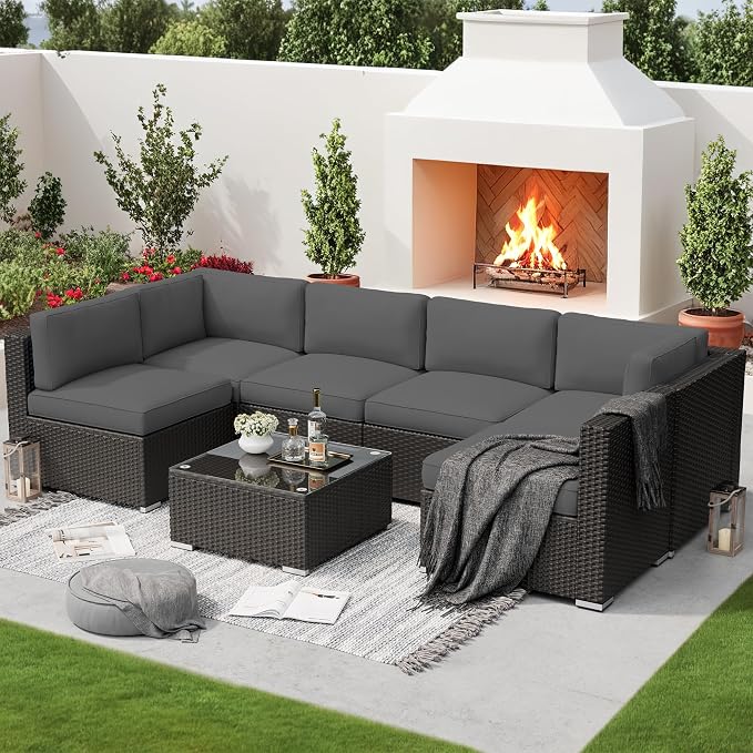 SOLAURA 7 Pieces Outdoor Patio Furniture Set, Black Brown Rattan Outdoor Patio Sectional Conversation Set, Modular Sofa Set with Coffee Table, Grey Cushion