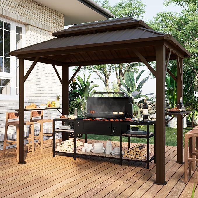 EROMMY 10' x 6' Hardtop Grill Gazebo, Outdoor Metal BBQ Gazebo with Double Galvanized Steel Roof, Permanent Grill Canopy with Side Shelves and Ceiling Hooks for Patio Deck Lawn Backyard Garden (Brown)