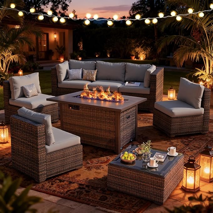 Patio Furniture Set, 8 PCS Outdoor Sectional Patio Furniture Set with 42" Fire Pit Table, Rattan Wicker Sofa Couch for Garden Backyard Deck Poolside, Grey