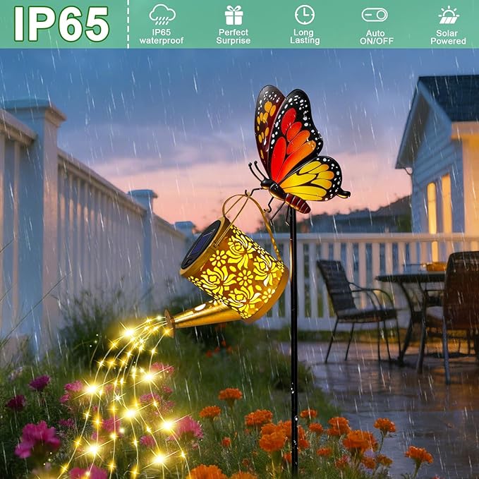 Solar Lights Outdoor Decorative, Watering Can with Cascading Lights on Butterfly Shepherd's Hook, Solar Garden Stake Decor for Yard Pathway,Gift for Women Mom (2pcs-Butterfly Garden Stakes)