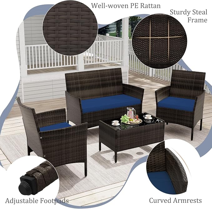 KOTEK 4 Piece Patio Furniture Set, Outdoor Rattan Conversation Set with Loveseat, Wicker Chairs, Tempered Glass Coffee Table, Wicker Patio Set for Backyard, Porch (Navy)